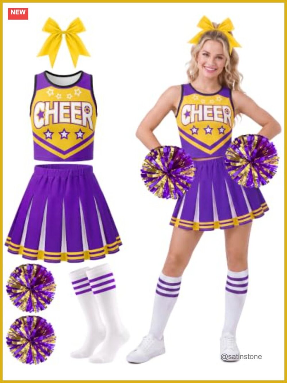 Women's Cheerleader Costume Set Sleeveless Top Pleated Skirt Pom Poms Cosplay